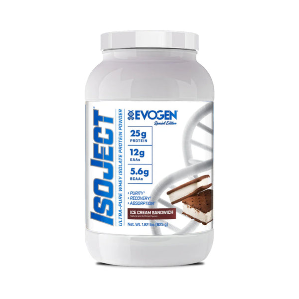 A white tub of EvoGen IsoJect protein powder in Ice Cream Sandwich flavor, featuring a white lid and a label with blue and white graphics, set against a plain white background.