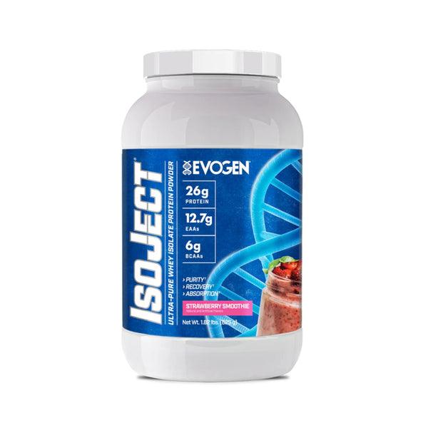 A white tub of EvoGen IsoJect whey isolate protein powder in Strawberry Smoothie flavor, featuring a blue and white label with a DNA graphic and a small strawberry smoothie photo.