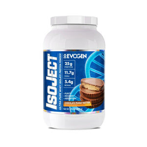 A white plastic tub of EvoGen IsoJect protein powder in Chocolate Peanut Butter flavor, featuring a blue and white label with a chocolate peanut butter cup graphic.