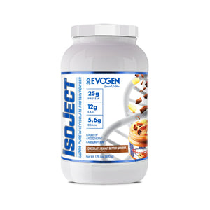 A white plastic tub of Evogen Isoject sports protein powder in Chocolate Peanut Butter Banana flavor, shown on a clean white background.
