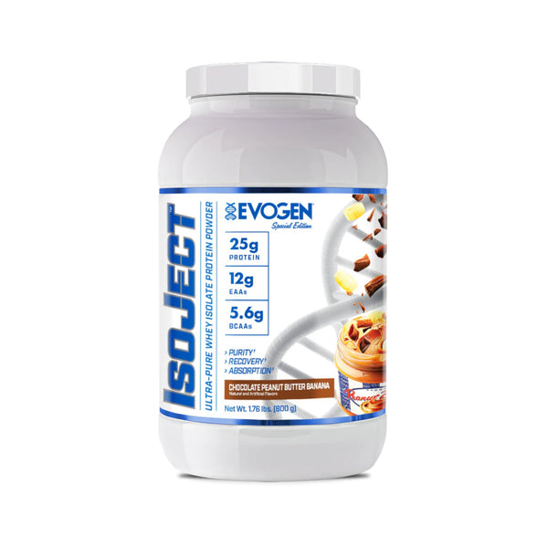 A white plastic tub of Evogen Isoject sports protein powder in Chocolate Peanut Butter Banana flavor, shown on a clean white background.