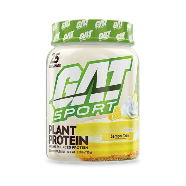A jar of GAT Sport Plant Protein powder in Lemon Cake flavor, featuring a white and green label with a green lid, set against a plain white background.
