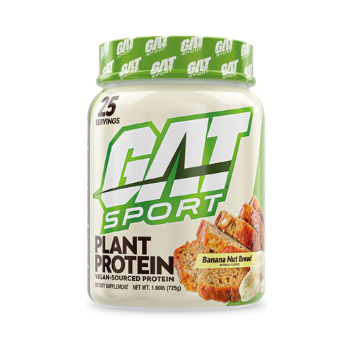 A jar of GAT SPORT Plant Protein powder in Banana Nut Breed flavor, featuring a white and green label with a green lid, set against a plain white background.