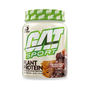 A tub of GAT Sport Plant Protein powder in Chocolate Hazelnut Graham Cracker flavor, featuring a white container with green and white branding and a green lid, set against a plain white background.