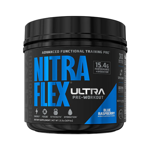 A black tub of Nitra Flex Ultra Pre-Workout in Blue Raspberry flavor, featuring a black label with bold blue and white text, set against a plain white background.