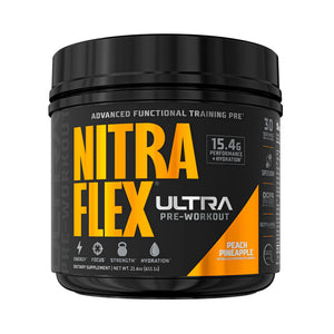 A black tub of Nitra Flex Ultra Pre-Workout dietary supplement in Peach Pineapple flavor, featuring a black label with bold yellow and white text.