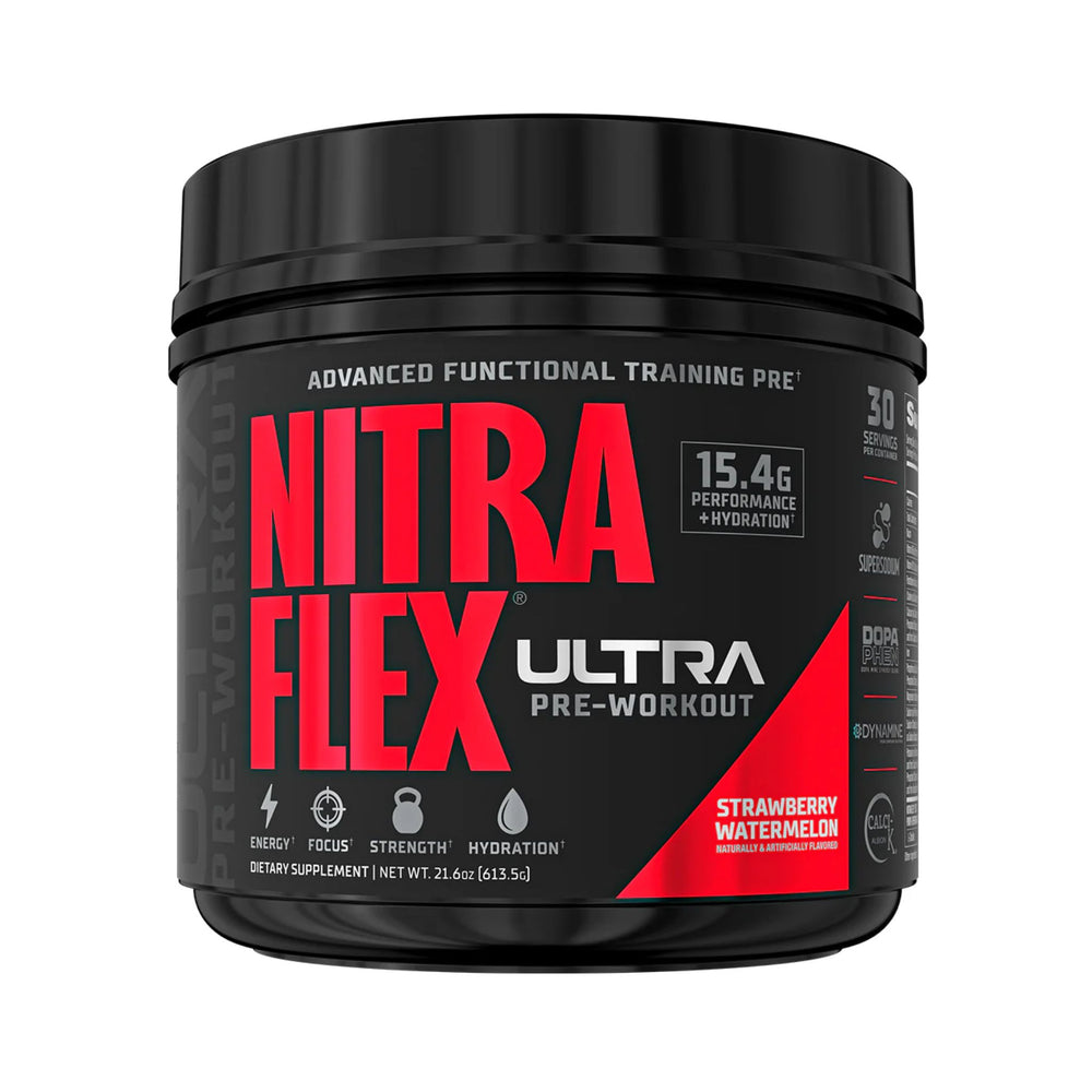 A black tub of Nitra Flex Ultra Pre-Workout supplement in Strawberry Watermelon flavor, featuring a black label with bold red and white text on a white background.