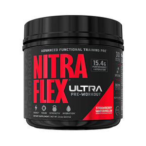 A black tub of Nitra Flex Ultra Pre-Workout supplement in Strawberry Watermelon flavor, featuring a black label with bold red and white text on a white background.