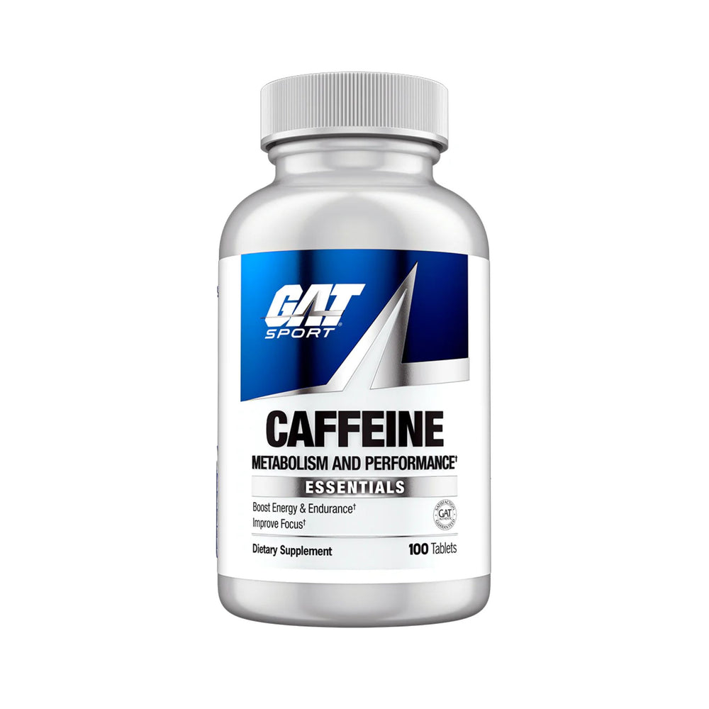 A white plastic bottle of GAT Sport Caffeine Metabolism and Performance Essentials dietary supplement, containing 100 tablets, shown on a plain white background.