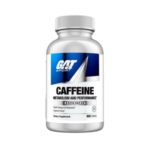 A white plastic bottle of GAT Sport Caffeine Metabolism and Performance Essentials dietary supplement, containing 100 tablets, shown on a plain white background.