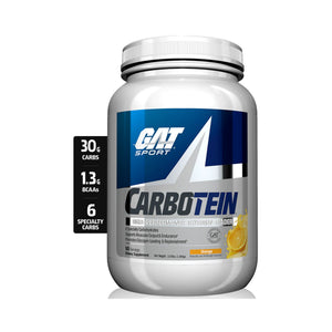 A white plastic tub of GAT Sport Carbotein dietary supplement with a blue, white, and silver label, shown on a white background with a black nutrition callout on the left.