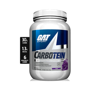 A white tub of GAT Sport Carbotein supplement powder with a blue, white, and silver label, shown on a white background with a black nutrition callout card to the left.
