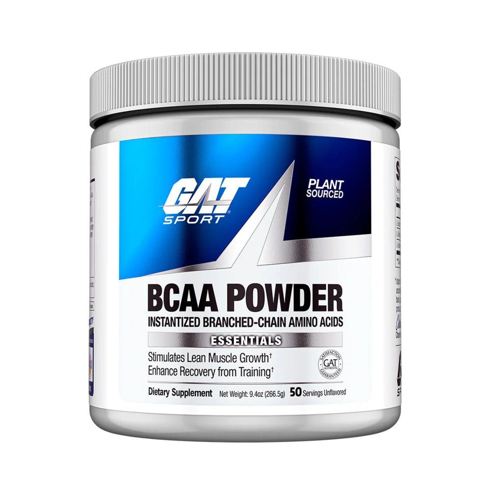 A white plastic tub of GAT Sport BCAA Powder dietary supplement with a blue and white label, on a plain white background.