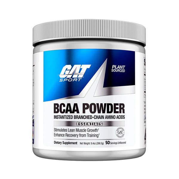 A white plastic tub of GAT Sport BCAA Powder dietary supplement with a blue and white label, on a plain white background.