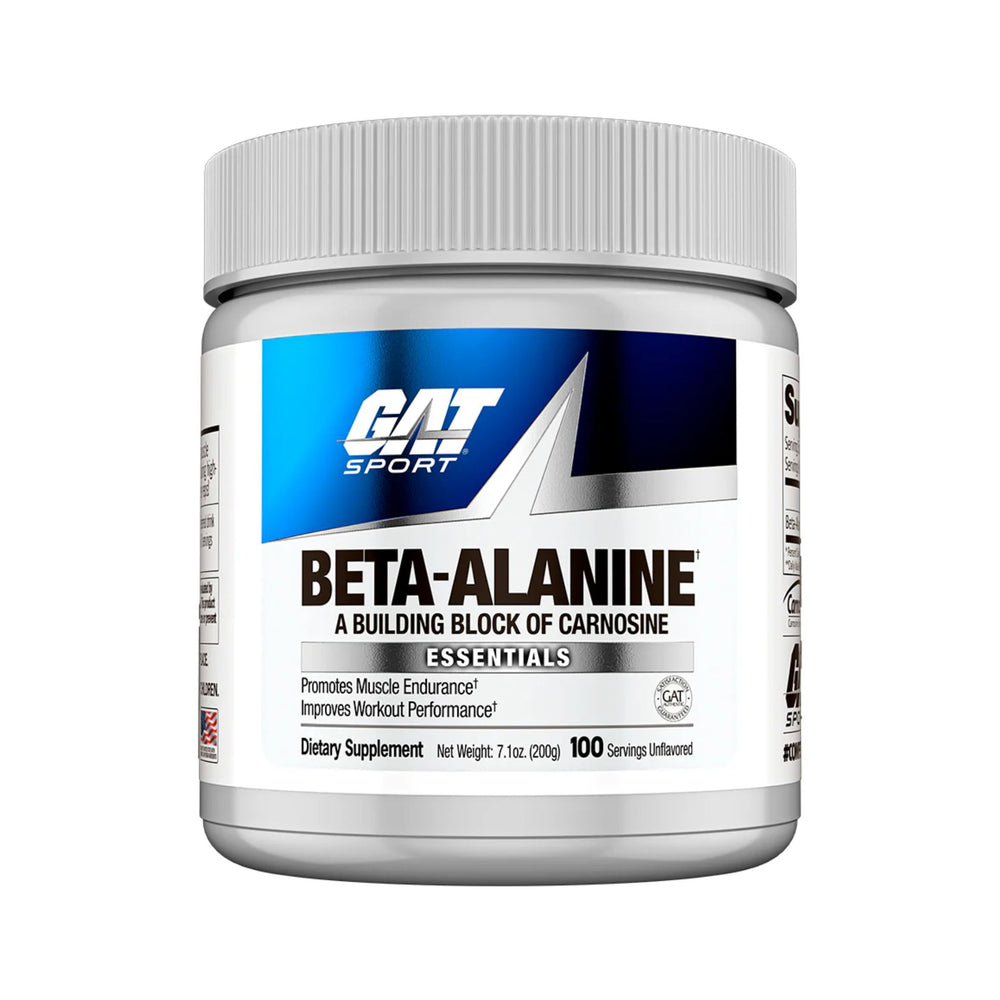 A white plastic tub of GAT Sport Beta-Alanine dietary supplement with a white ribbed cap, featuring a blue and silver label.