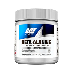 A white plastic tub of GAT Sport Beta-Alanine dietary supplement with a white ribbed cap, featuring a blue and silver label.