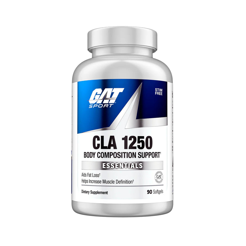 A white plastic bottle of GAT Sport CLA 1250 Body Composition Support Essentials dietary supplement, containing 90 softgels, shown on a plain white background.