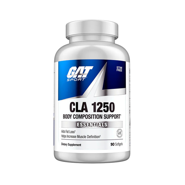 A white plastic bottle of GAT Sport CLA 1250 Body Composition Support Essentials dietary supplement, containing 90 softgels, shown on a plain white background.