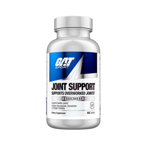 A white plastic bottle of GAT Sport Joint Support dietary supplement with a blue and white label, containing 60 tablets.