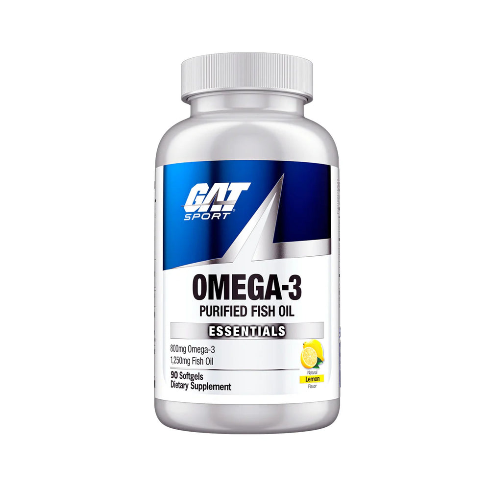 A white plastic bottle of GAT Sport Omega-3 Purified Fish Oil dietary supplement, featuring a blue and white label with a yellow lemon graphic, on a solid white background.