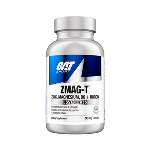 A white plastic bottle of GAT Sport ZMAG-T dietary supplement with a blue and white label, containing 90 veg capsules.
