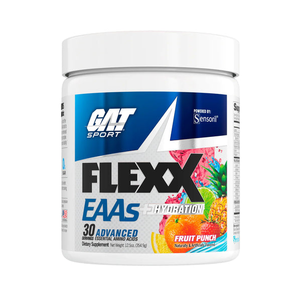 A white plastic tub of GAT Sport Flexx EAAs + Hydration dietary supplement in Fruit Punch flavor, featuring a blue and white label with fruit illustrations.