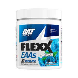 A white plastic tub of GAT Sport Flexx EAAs Hydration dietary supplement in Blue Razz flavor, featuring a blue and white label with a blueberry graphic.