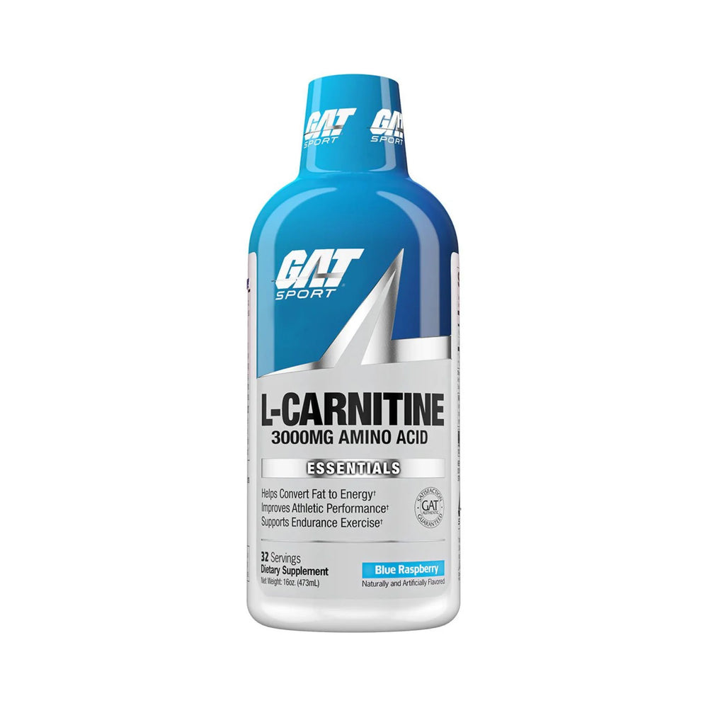 A bottle of GAT Sport L-Carnitine 3000mg Amino Acid dietary supplement, featuring a blue and white design with a blue cap, on a plain white background.
