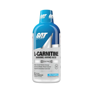 A bottle of GAT Sport L-Carnitine 3000mg Amino Acid dietary supplement, featuring a blue and white design with a blue cap, on a plain white background.