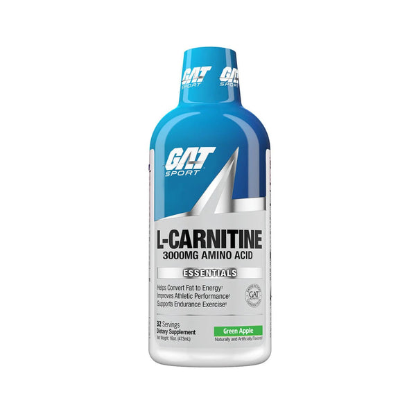 A bottle of GAT Sport L-Carnitine 3000mg Amino Acid in Green Apple flavor, featuring a blue and white label on a plain white background.