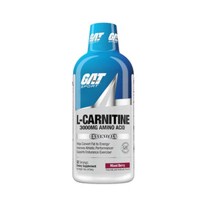A bottle of GAT Sport L-Carnitine 3000mg Amino Acid dietary supplement in Mixed Berry flavor, featuring a blue and white label on a white background.