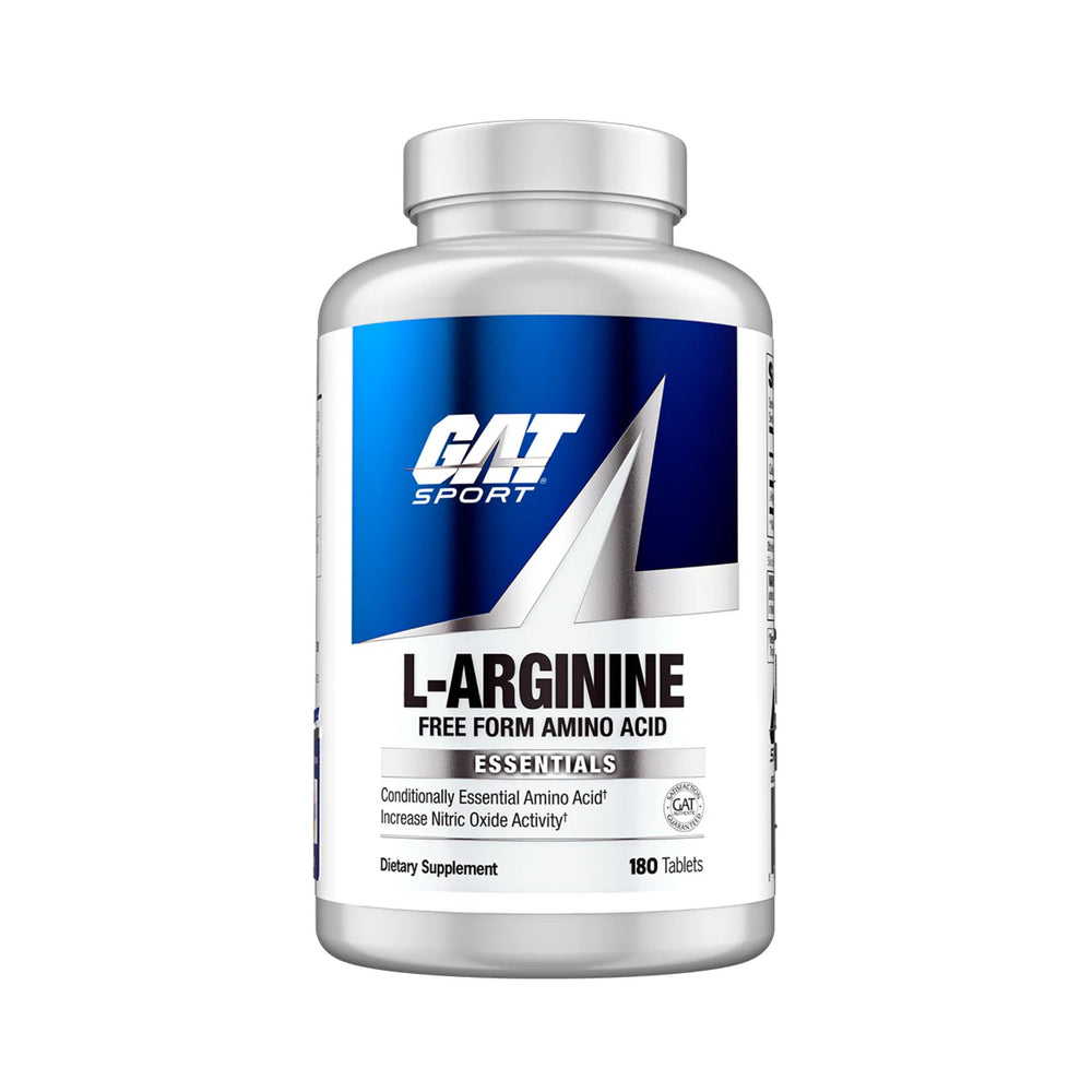 A white plastic bottle of GAT Sport L-Arginine dietary supplement with a blue and white label, containing 180 tablets.