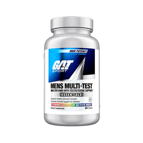 A silver plastic bottle of GAT Sport Mens Multi-Test Multivitamin with testosterone support, featuring a blue and white label, on a solid white background.