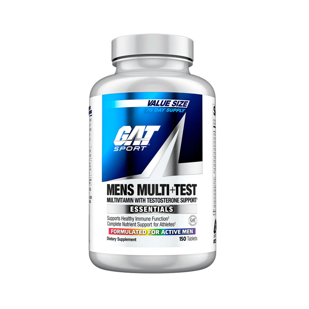 A white plastic bottle of GAT Sport Mens Multi-Test dietary supplement with a blue and white label, shown on a plain white background.