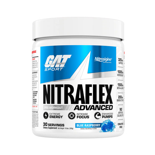A white plastic tub of GAT Sport Nitraflex Advanced dietary supplement in Blue Raspberry flavor, featuring a blue and white label with black text.