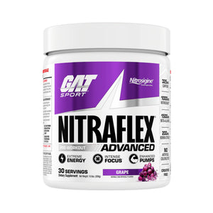 A white plastic tub of GAT Sport Nitraflex Advanced workout supplement in Grape flavor, featuring a purple and white label with a grape graphic.