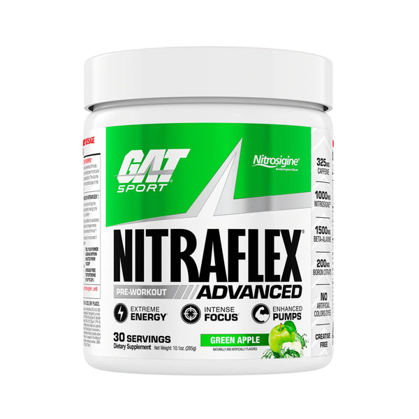 A white plastic tub of GAT SPORT NITRAFLEX ADVANCED pre-workout supplement in Green Apple flavor, featuring a green and white label with black text.