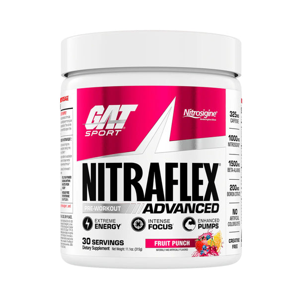 A white plastic tub of GAT Sport Nitraflex Advanced pre-workout supplement in Fruit Punch flavor, featuring a white lid and a label with pink, white, and black graphics.