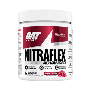 A white plastic tub of GAT SPORT NITRAFLEX ADVANCED workout supplement in Black Cherry flavor, featuring a white and red label with black text.