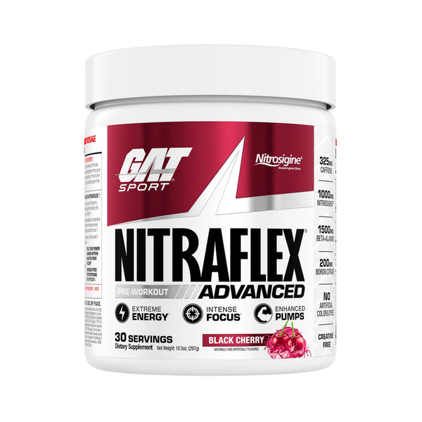 A white plastic tub of GAT SPORT NITRAFLEX ADVANCED workout supplement in Black Cherry flavor, featuring a white and red label with black text.