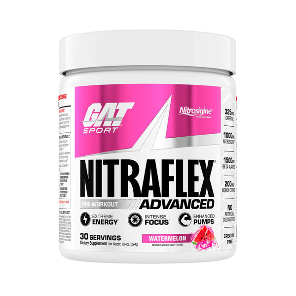 A white plastic tub of GAT SPORT NITRAFLEX ADVANCED dietary supplement in Watermelon flavor, featuring a pink and white label with black text.