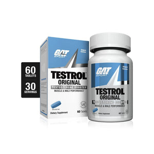 GAT SPORT Testrol Original dietary supplement shown with its white and blue retail box and matching bottle on a clean white background. A black callout on the left reads 60 tablets, 30 servings.