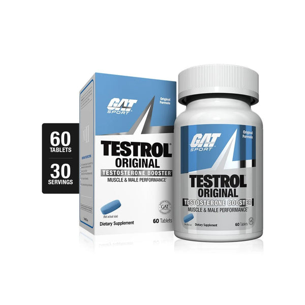 GAT SPORT Testrol Original dietary supplement shown with its white and blue retail box and matching bottle on a clean white background. A black callout on the left reads 60 tablets, 30 servings.
