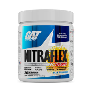 A white plastic tub of GAT Sport Nitraflex pre-workout supplement in Blue Raspberry flavor, featuring a blue, white, and orange label.