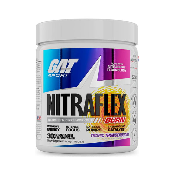 A white plastic tub of GAT Sport NITRAFLEX dietary supplement with a white lid, featuring a colorful label with blue, purple, and pink gradients.