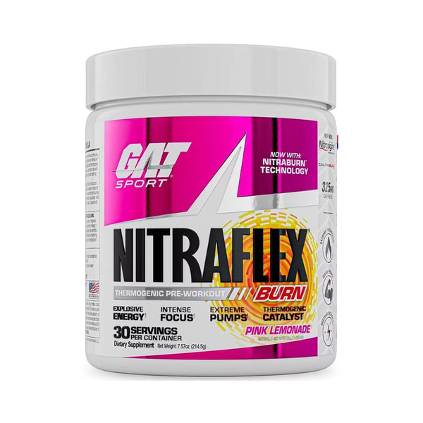 A white plastic tub of GAT Sport Nitraflex Burn pre-workout supplement in Pink Lemonade flavor, featuring a vibrant pink and white label with black and yellow text.