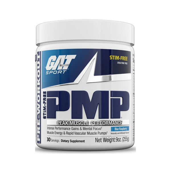 A white plastic tub of GAT Sport PMP stim-free creatine powder, Blue Raspberry flavor, on a clean white background.