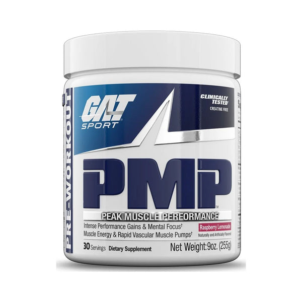 A white plastic tub of GAT SPORT PMP dietary supplement powder, featuring a white lid and a label with navy blue, silver, and white graphics.