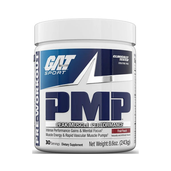 A white plastic tub of GAT Sport PMP Peak Muscle Performance dietary supplement, featuring a white, blue, and silver label with 'PMP' in large navy letters.