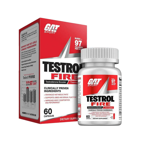 GAT Sport Testol Fire dietary supplement, showing the red and white product box alongside the white bottle with a ribbed cap, on a plain white background.